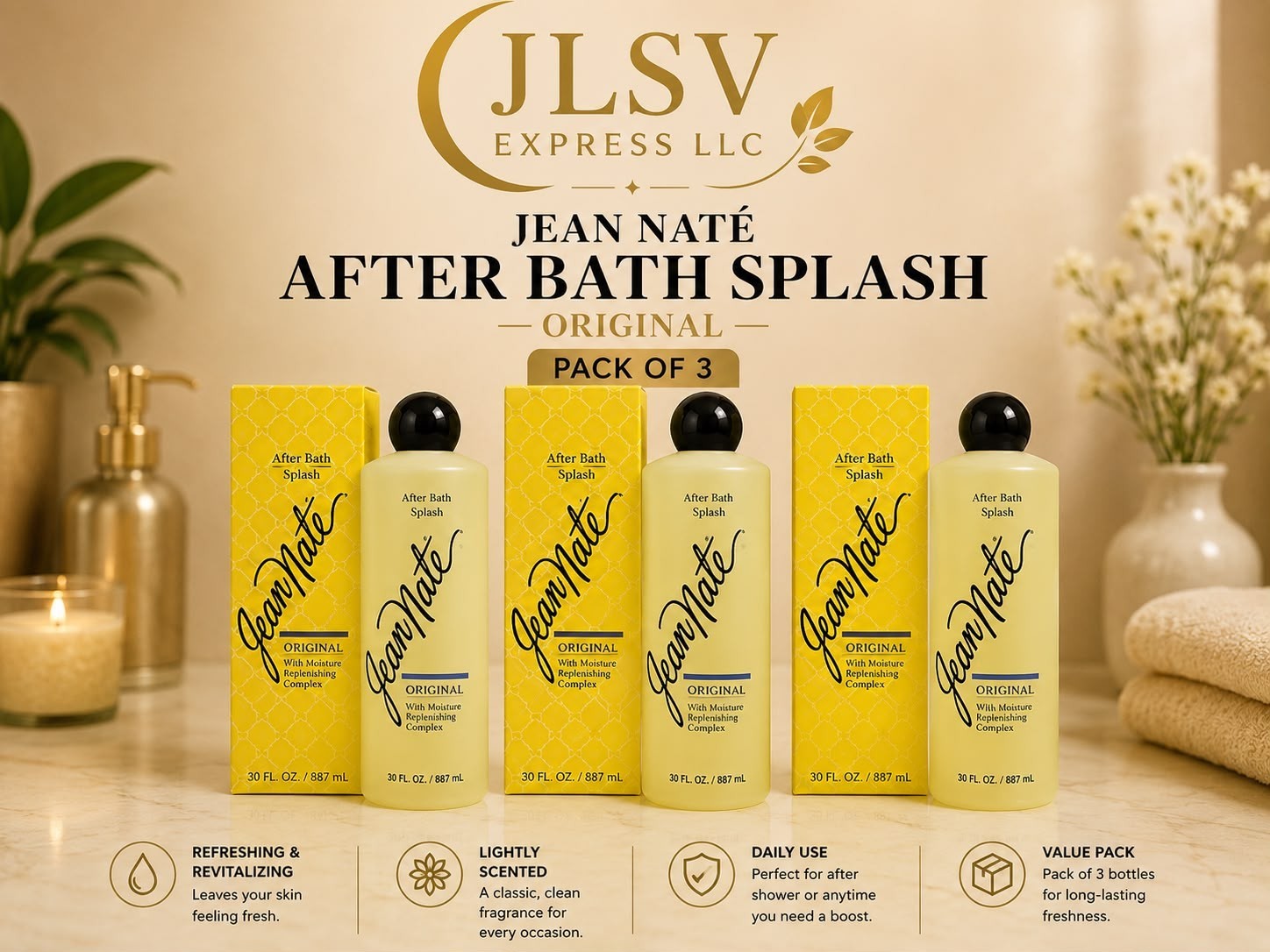 Jean Naté After Bath Splash Original 30 fl oz 887ml Pack of 3 Fresh Body Splash