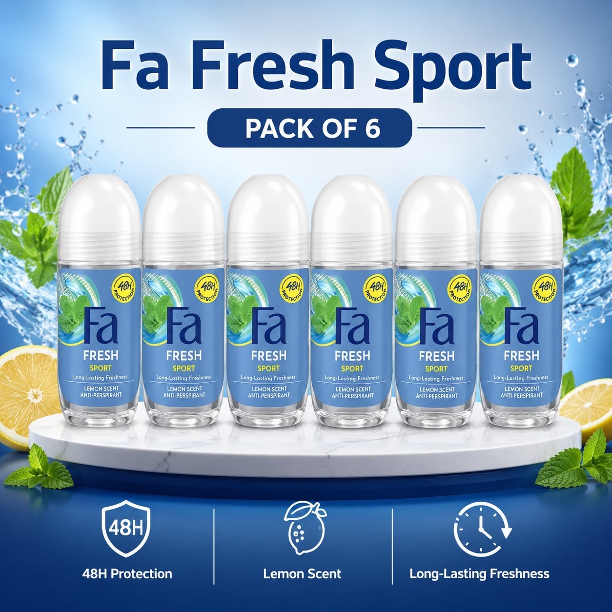 PACK OF 6 Fa Fresh Sport Roll On Antiperspirant 50mL Lemon Scent 48
