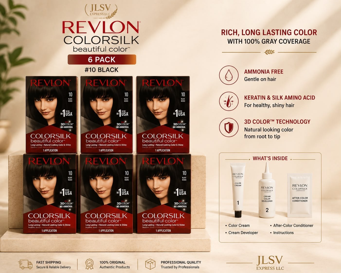 Revlon Colorsilk #10 Black Hair Color Dye 6 Pack | Ammonia Free | 100% Gray Cove