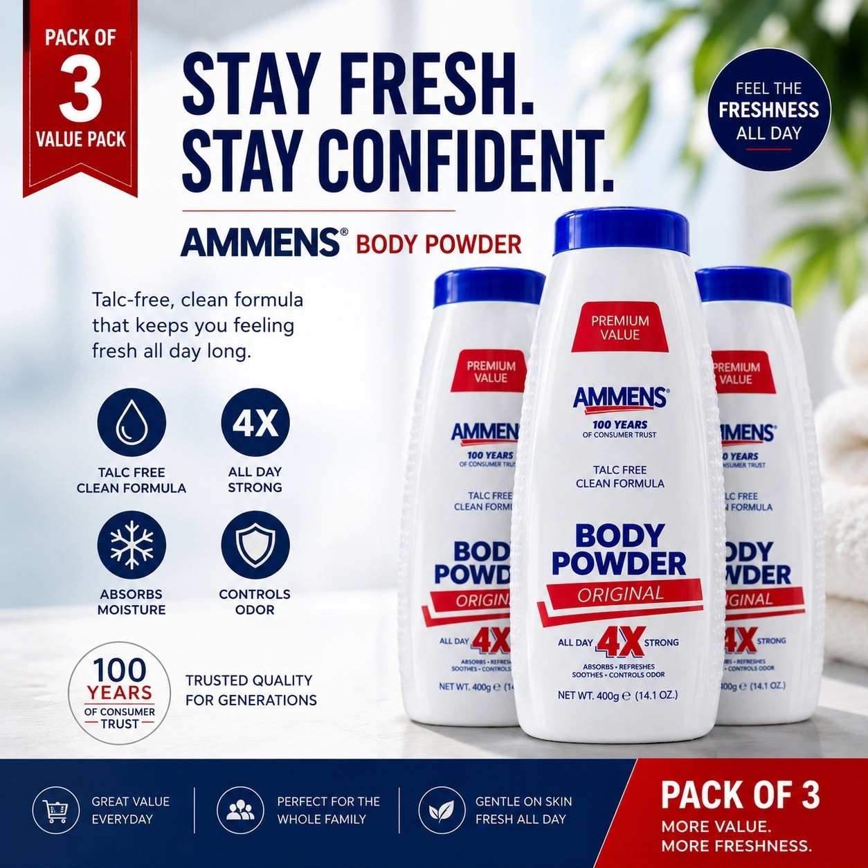 Ammens Original Talc-Free Body Powder 11 oz Pack of 3 Odor Control