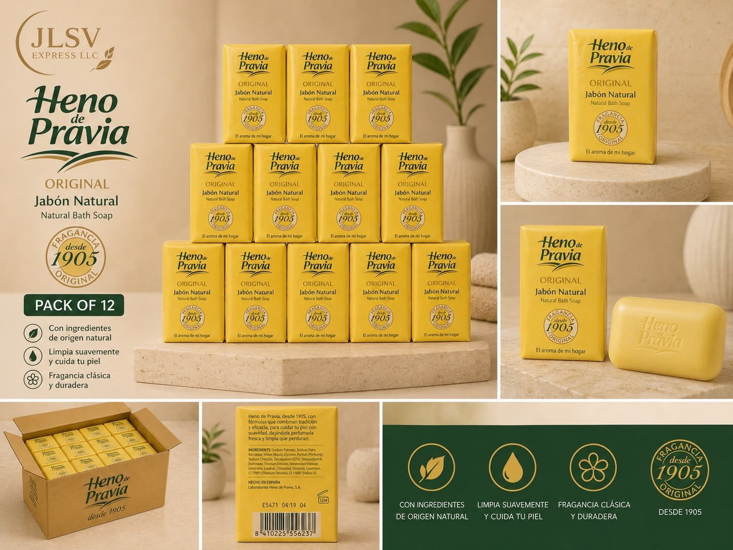 Heno de Pravia Original Natural Bath Soap 4.1 oz Pack of 12 Spanish Bar Soap