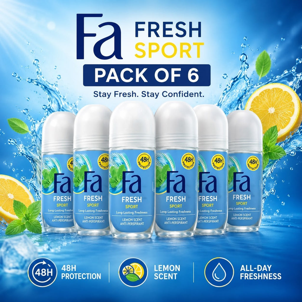 PACK OF 6 Fa Fresh Sport Roll On Antiperspirant 50mL Lemon Scent 48