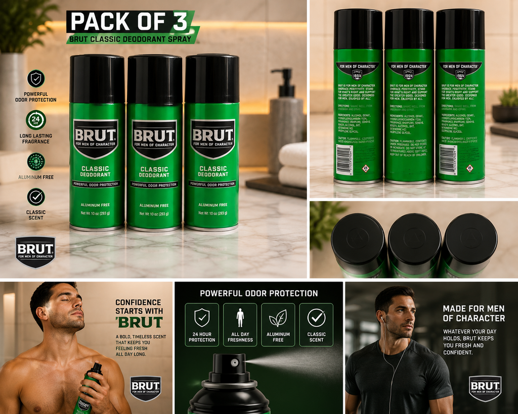 BRUT Classic Deodorant Spray 10 oz Aluminum Free Original Scent Pack of 3