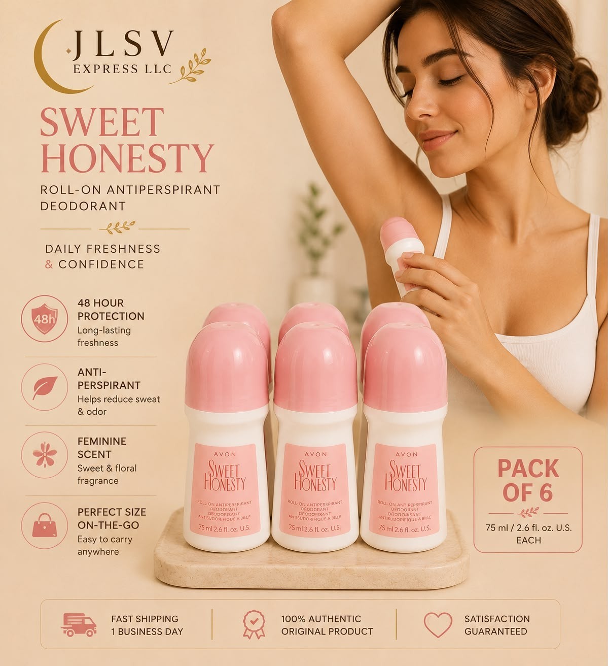 Avon Sweet Honesty Roll-On Antiperspirant Deodorant 2.6 oz (75 mL) Pack of 6