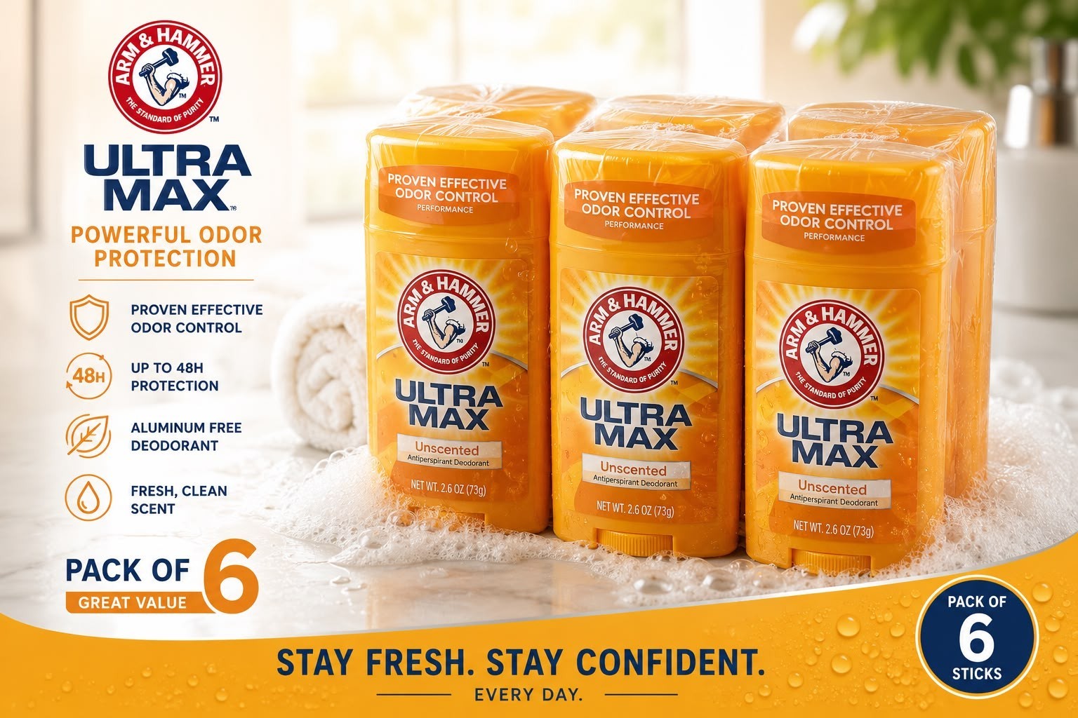 Arm & Hammer Ultra Max Antiperspirant Deodorant 2.6 oz Each – Pack of 6