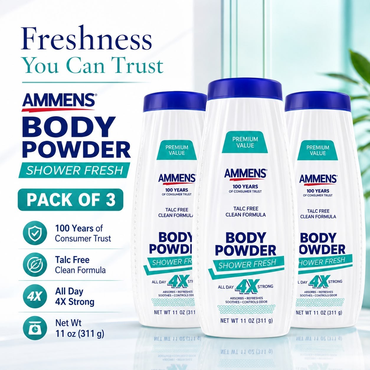 Ammens Shower Fresh Talc-Free Body Powder 11 oz Pack of 3 Odor Control