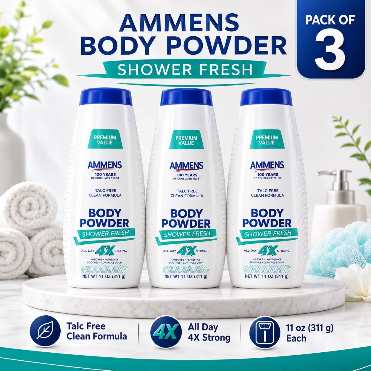Ammens Shower Fresh Talc-Free Body Powder 11 oz Pack of 3 Odor Control