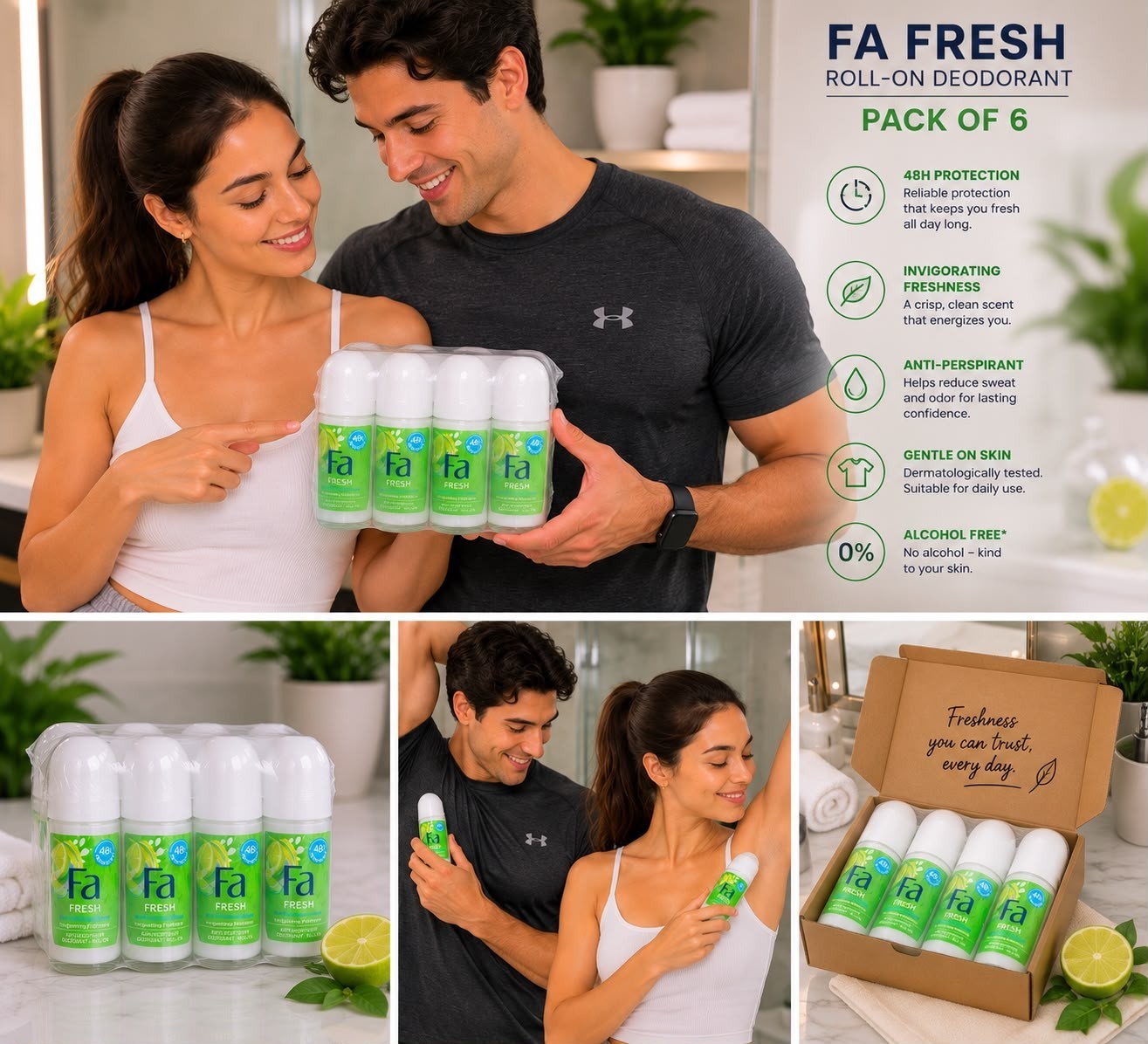 Pack of 6 A Fresh Lime Roll-On Deodorant 1.7 oz 48H Protection