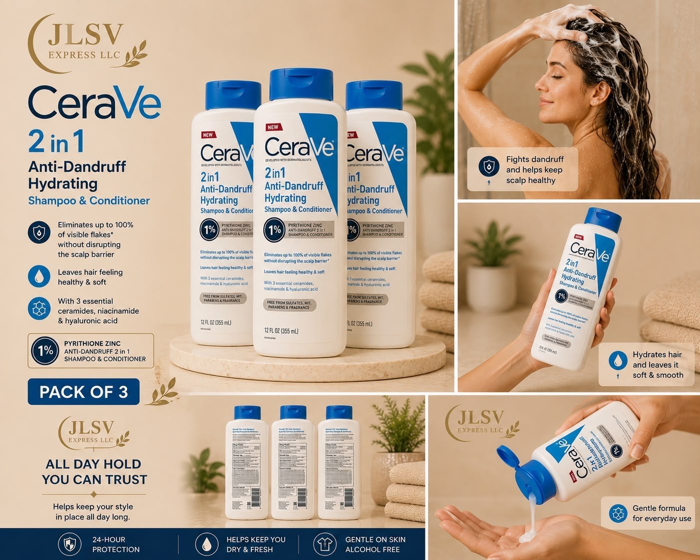 CeraVe 2-in-1 Anti-Dandruff Shampoo & Conditioner 12 fl oz (355ml) Pack of 3