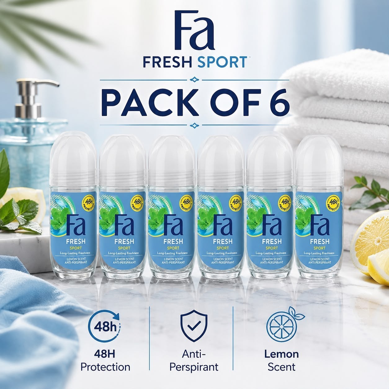 PACK OF 6 Fa Fresh Sport Roll On Antiperspirant 50mL Lemon Scent 48