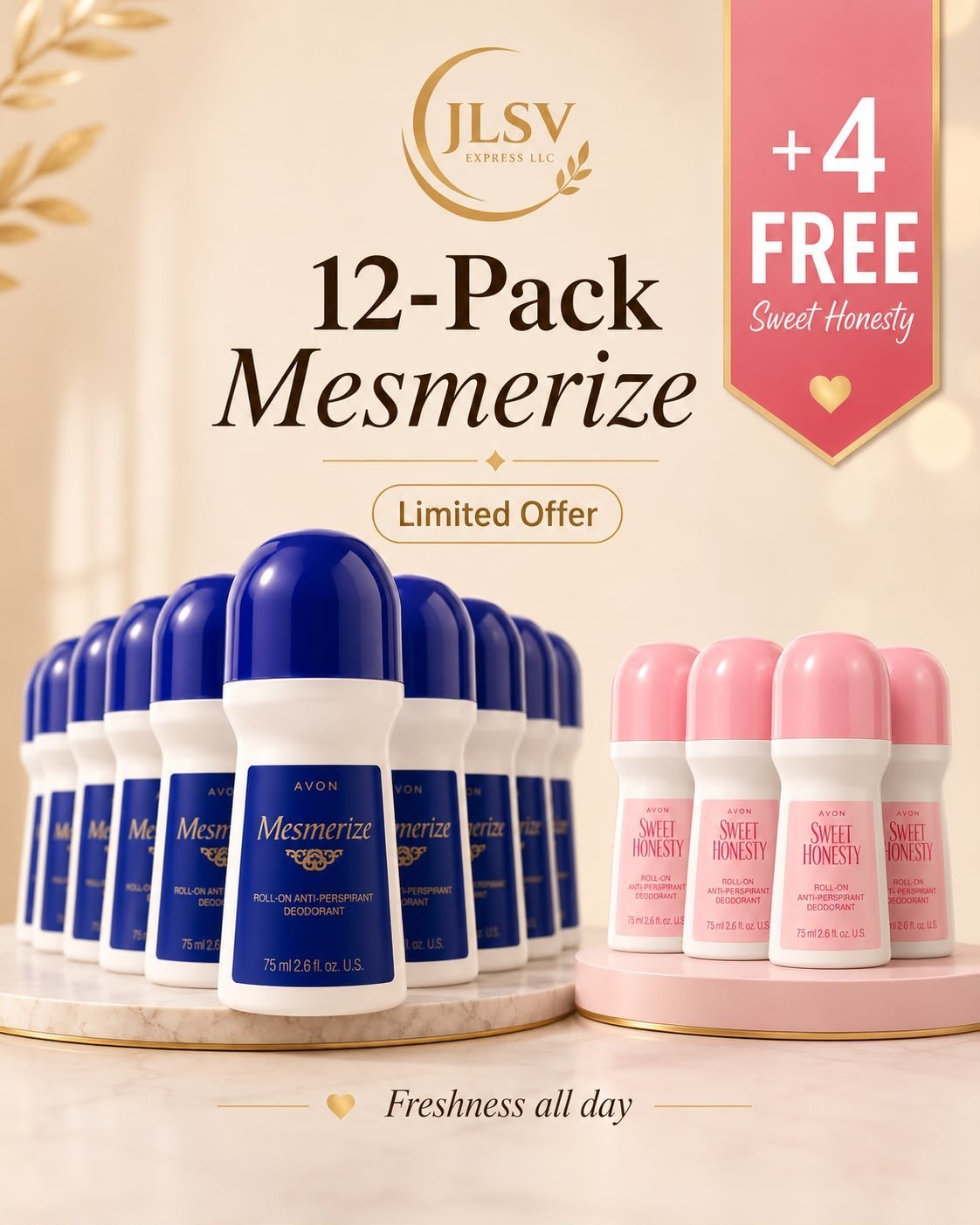 Avon Mesmerize Deodorant Roll-On 2.6 oz, 12 Pack + 4 Sweet Honesty, 16 Total