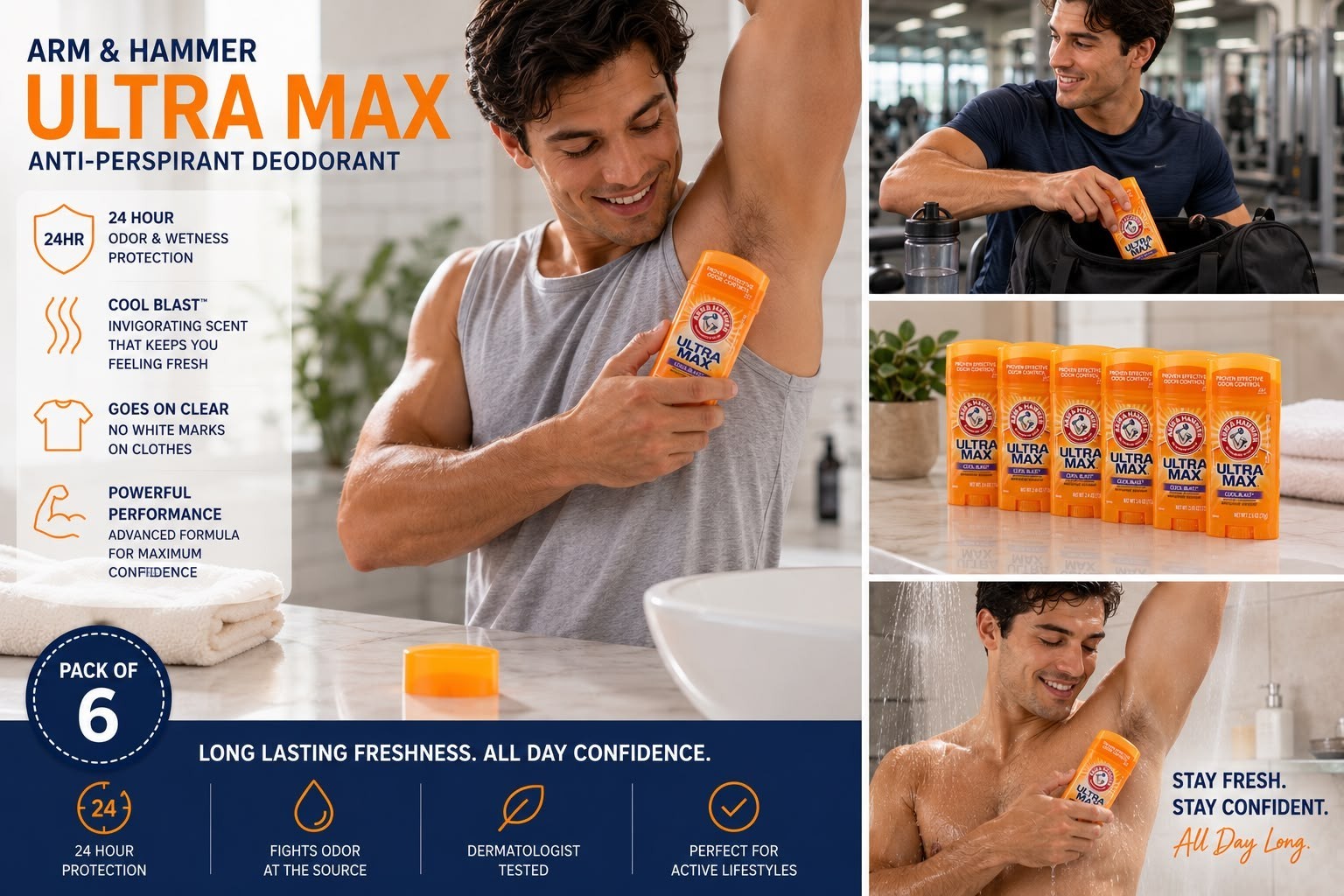 PACK OF 6 Arm & Hammer Ultra Max Antiperspirant Deodorant 2.6 oz Fresh Scent