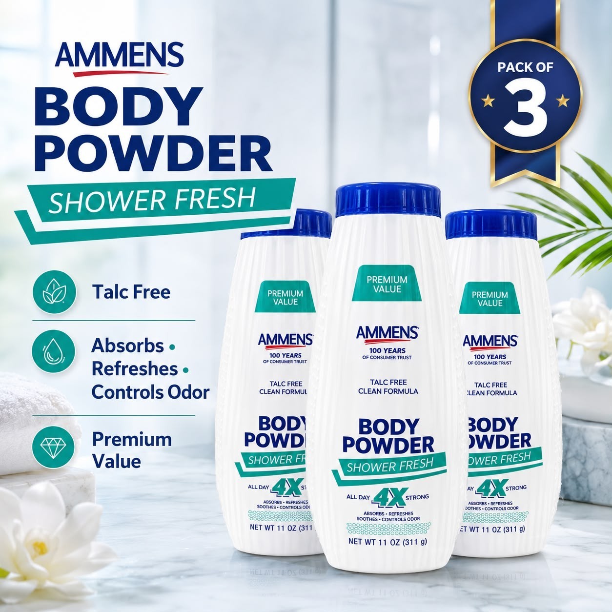 Ammens Shower Fresh Talc-Free Body Powder 11 oz Pack of 3 Odor Control