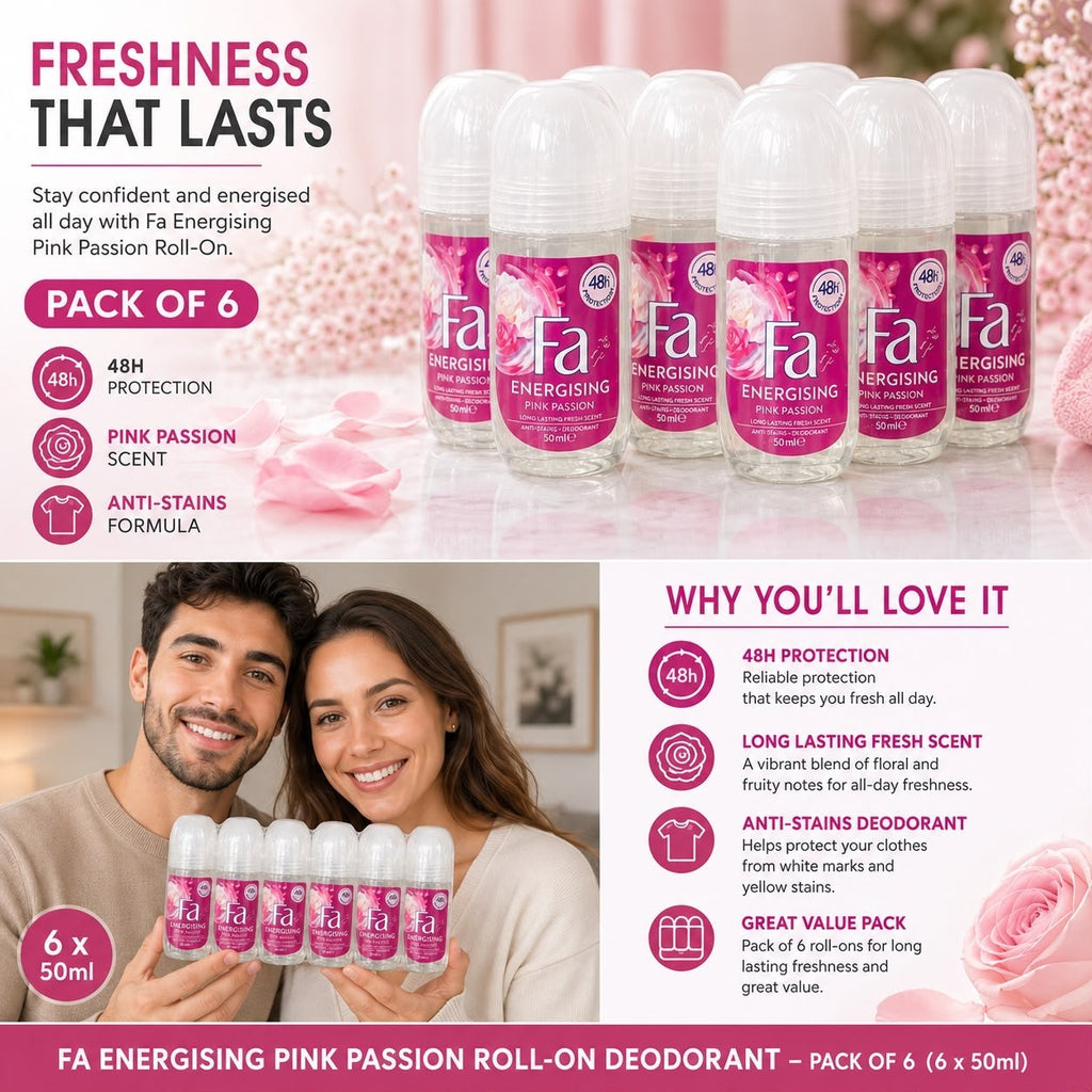 Fa Energising Pink Passion Women’s Roll-On Deodorant 50ml – Pack of 6