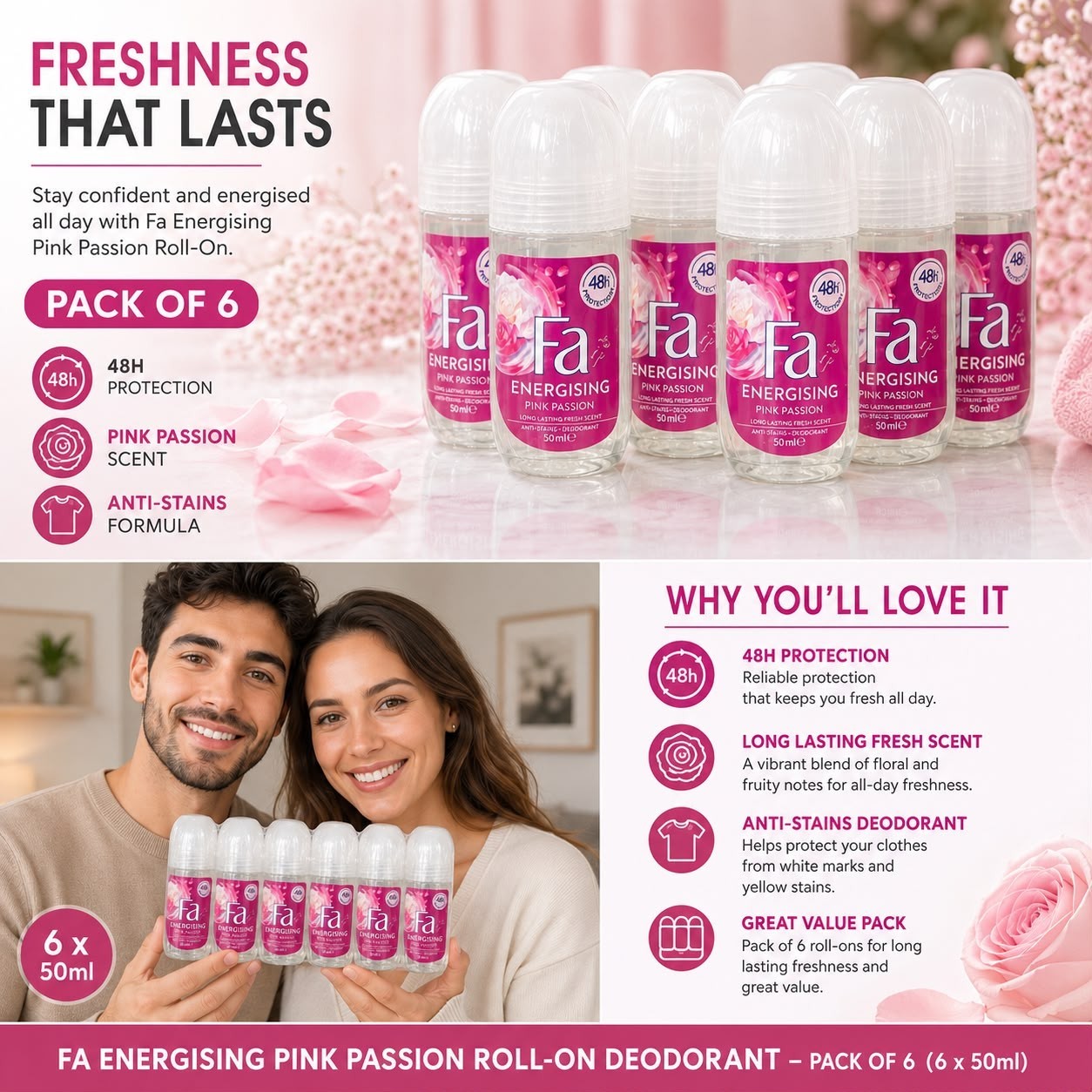 Fa Energising Pink Passion Women’s Roll-On Deodorant 50ml – Pack of 6