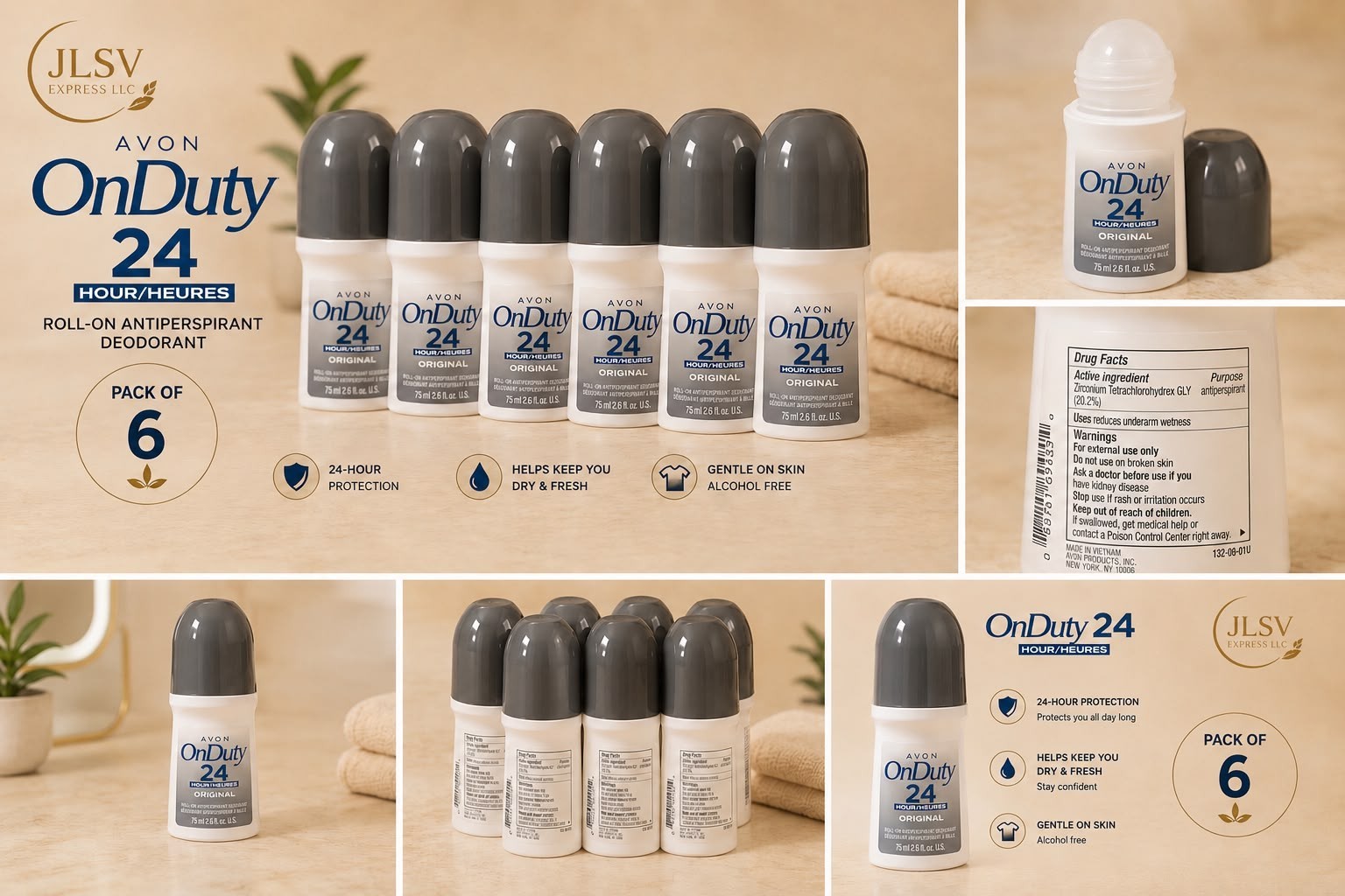 Avon OnDuty 24 Original Roll-On Antiperspirant Deodorant 2.6 fl oz Pack of 6
