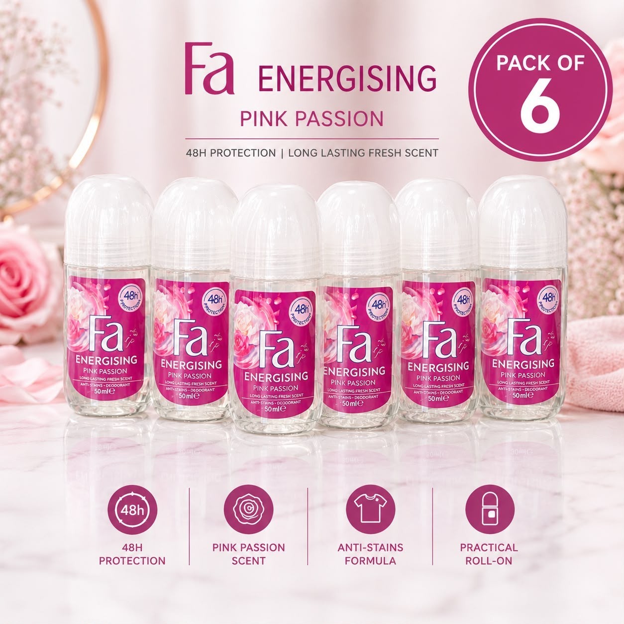 Fa Energising Pink Passion Women’s Roll-On Deodorant 50ml – Pack of 6