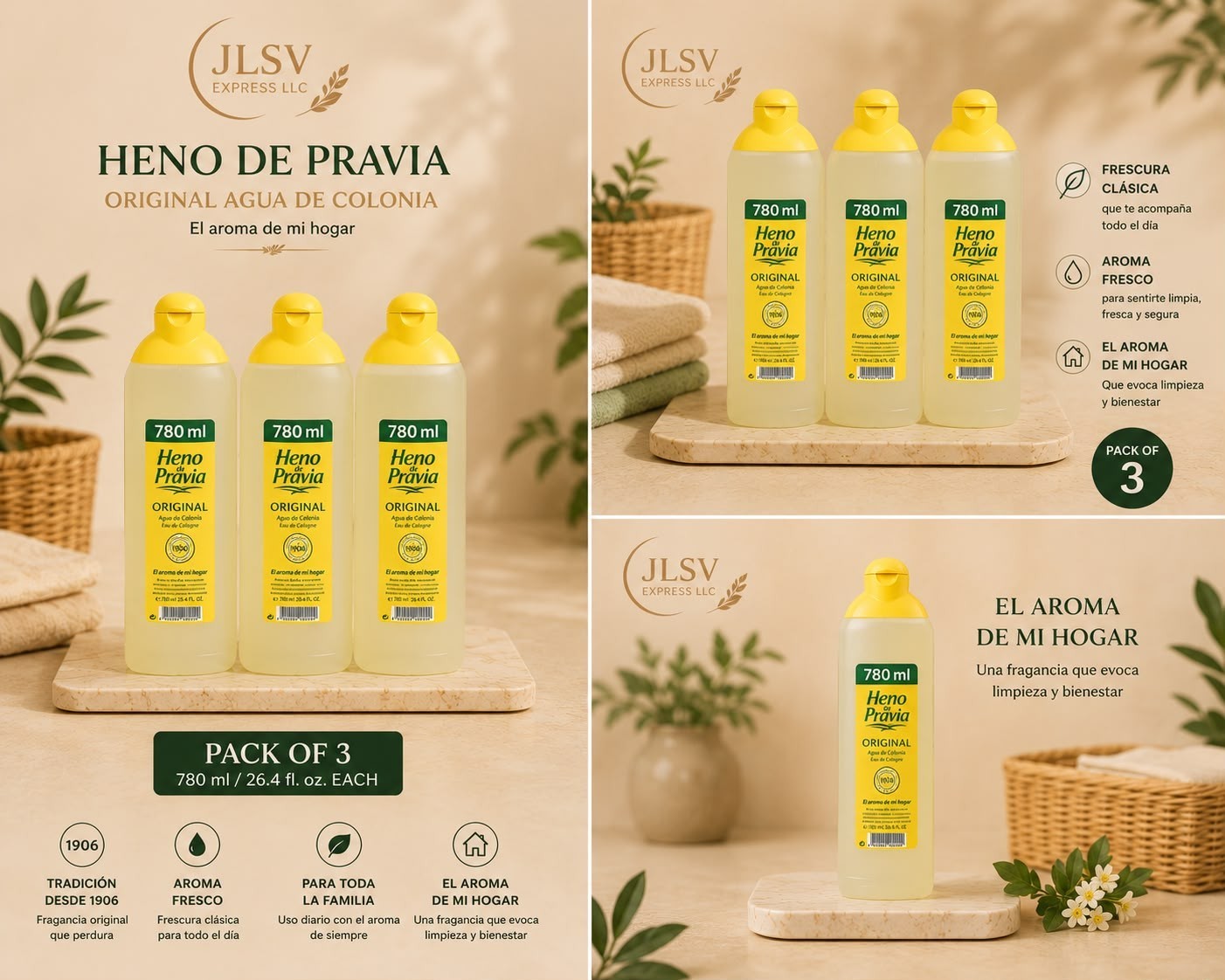 Heno de Pravia Original Agua de Colonia Splash 750 ml (25.4oz)– Pack of 3