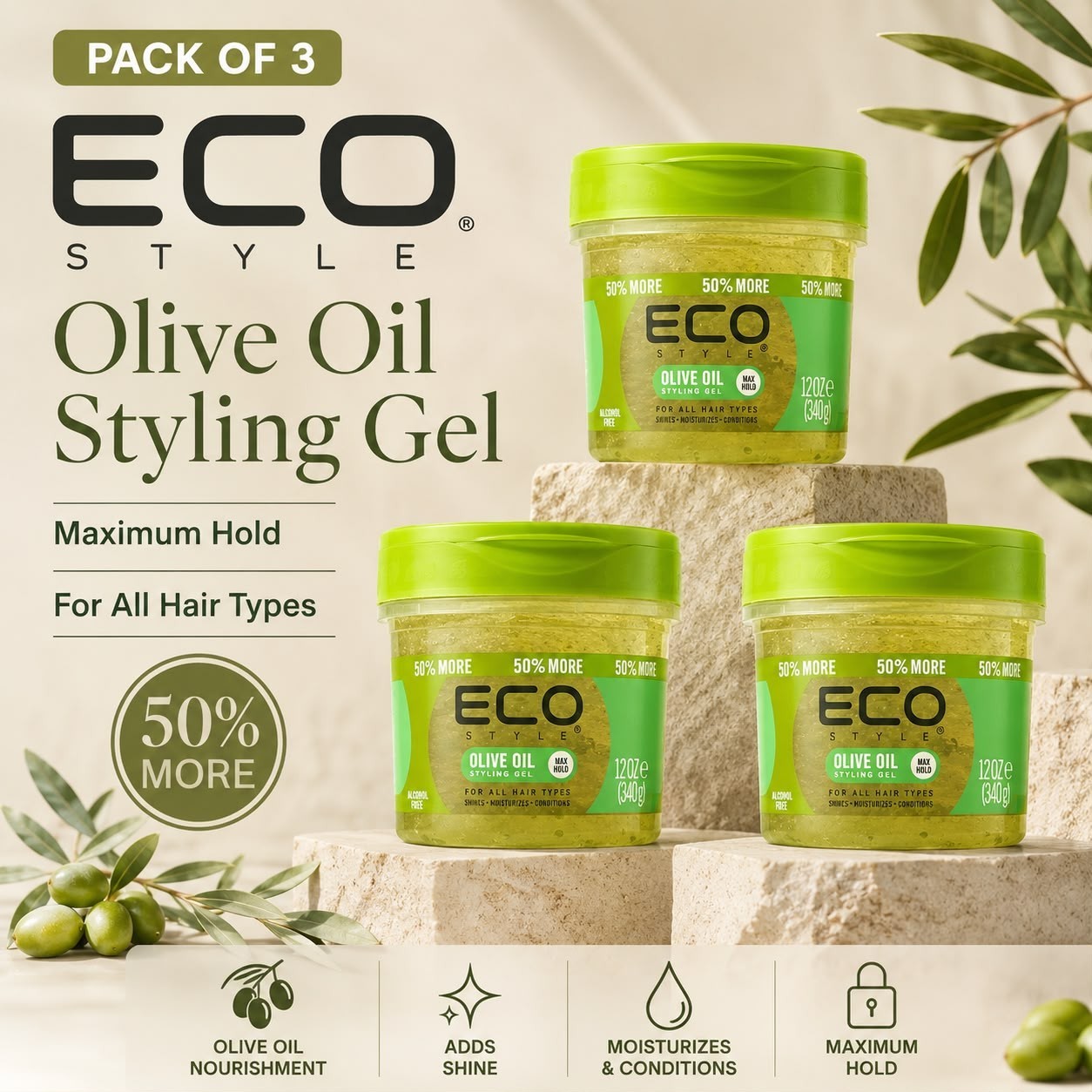 Eco Style Olive Oil Styling Gel 12 oz Pack of 3 Max Hold 50% More Free