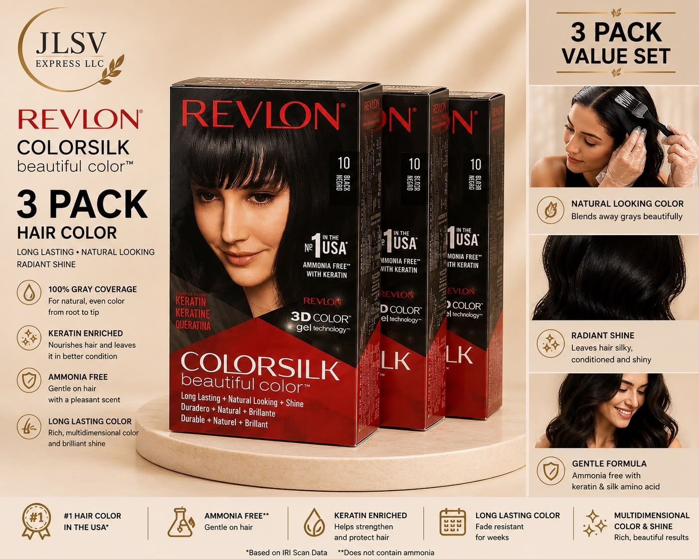 Revlon ColorSilk Hair Color 3 Pack #10 Black Permanent Hair Dye Keratin Formula