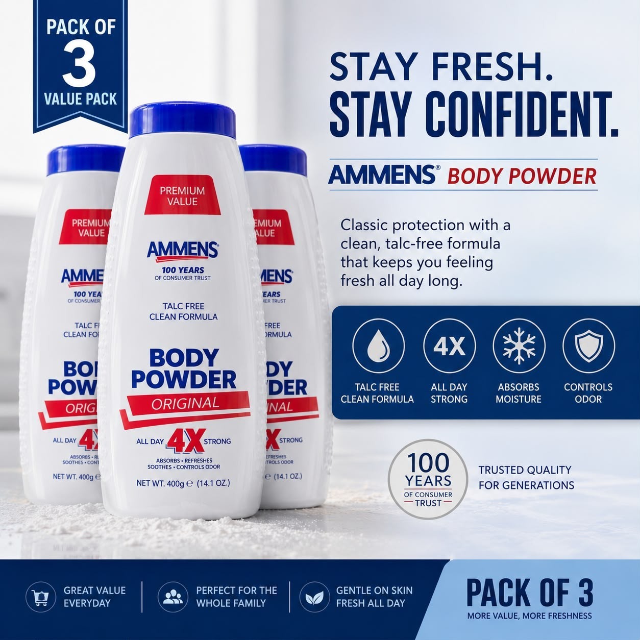Ammens Original Talc-Free Body Powder 11 oz Pack of 3 Odor Control