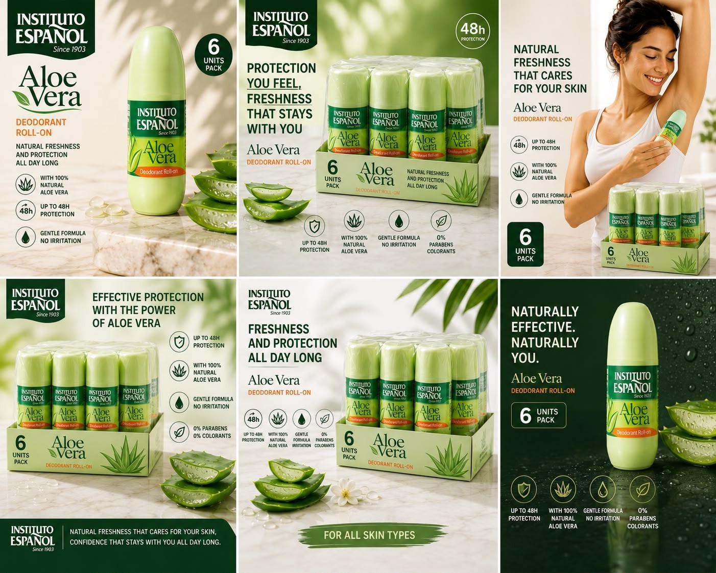 Instituto Español Aloe Vera Roll-On Deodorant 75ml 6-Pack Unisex 48H Fresh