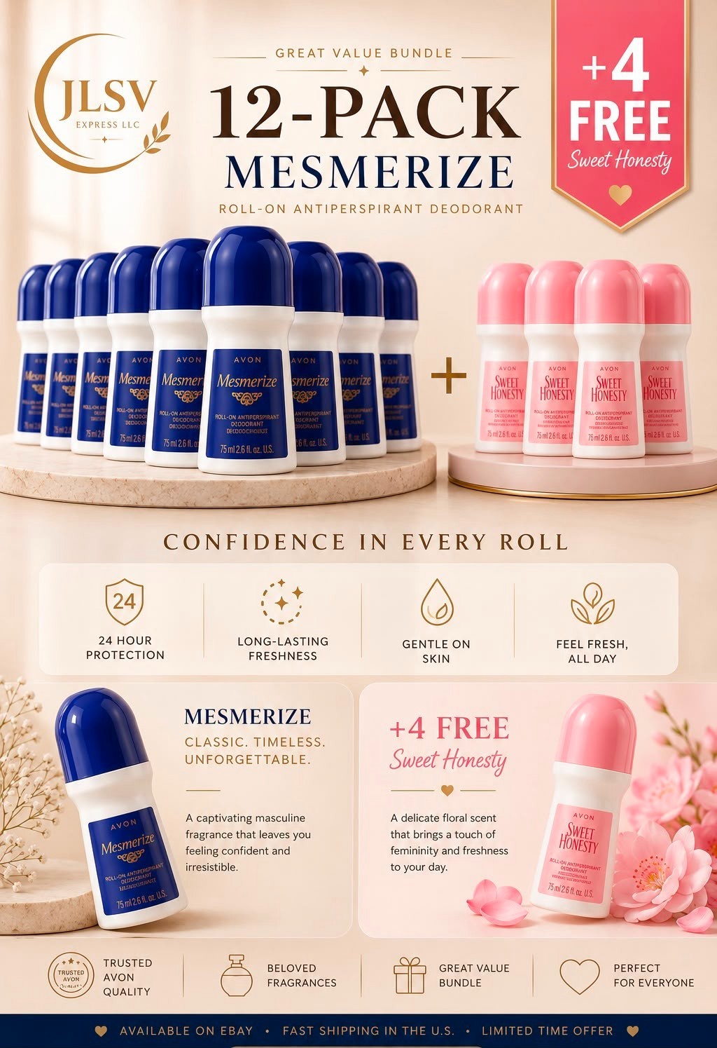 Avon Mesmerize Deodorant Roll-On 2.6 oz, 12 Pack + 4 Sweet Honesty, 16 Total