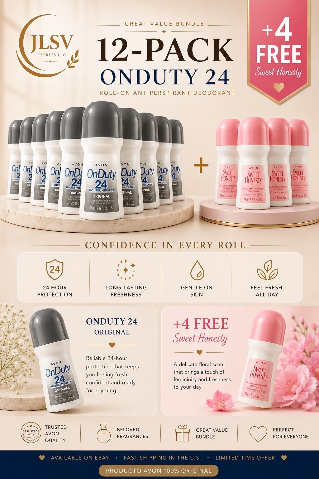 Avon On Duty 24 Original Roll-On Deodorant 12 Pack + 4 Sweet Honesty, 16 Total