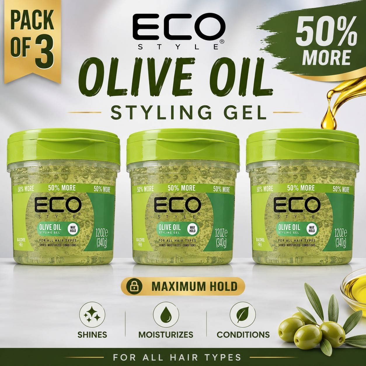 Eco Style Olive Oil Styling Gel 12 oz Pack of 3 Max Hold 50% More Free