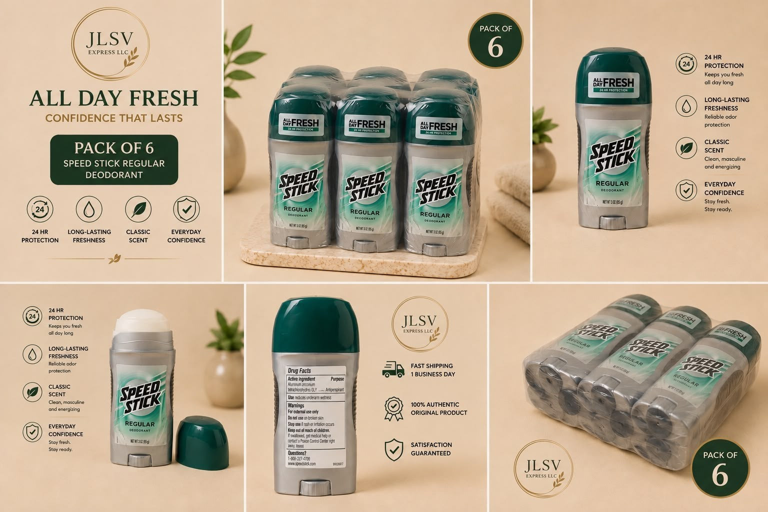 Speed Stick Regular Deodorant for Men 3 oz All Day Fresh Pack of 6