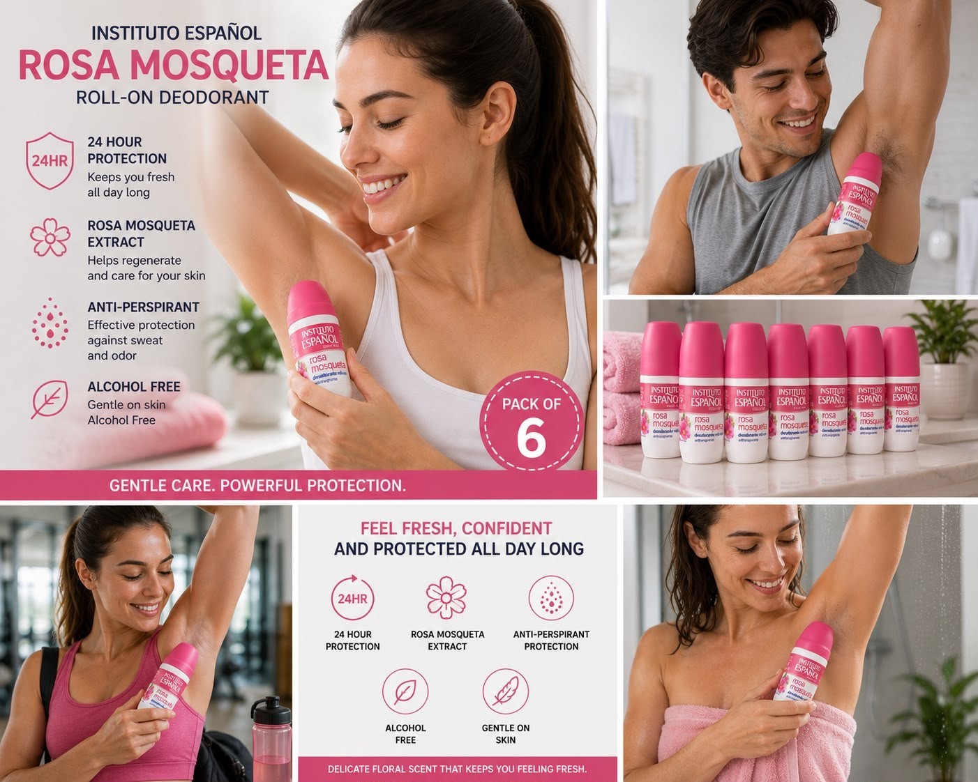 PACK OF 6 Instituto Español Rosa Mosqueta Roll-On Deodorant 75ml Alcohol Free