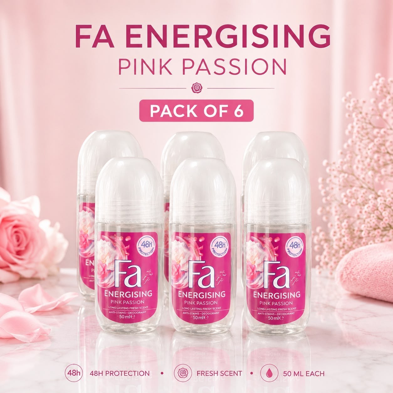 Fa Energising Pink Passion Women’s Roll-On Deodorant 50ml – Pack of 6