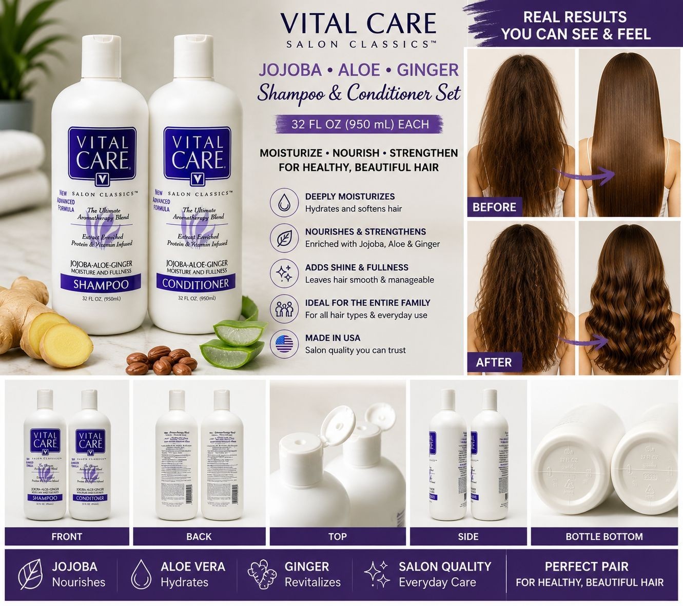 Vital Care Jojoba Aloe Ginger Shampoo & Conditioner Set 32 oz 950ml Salon