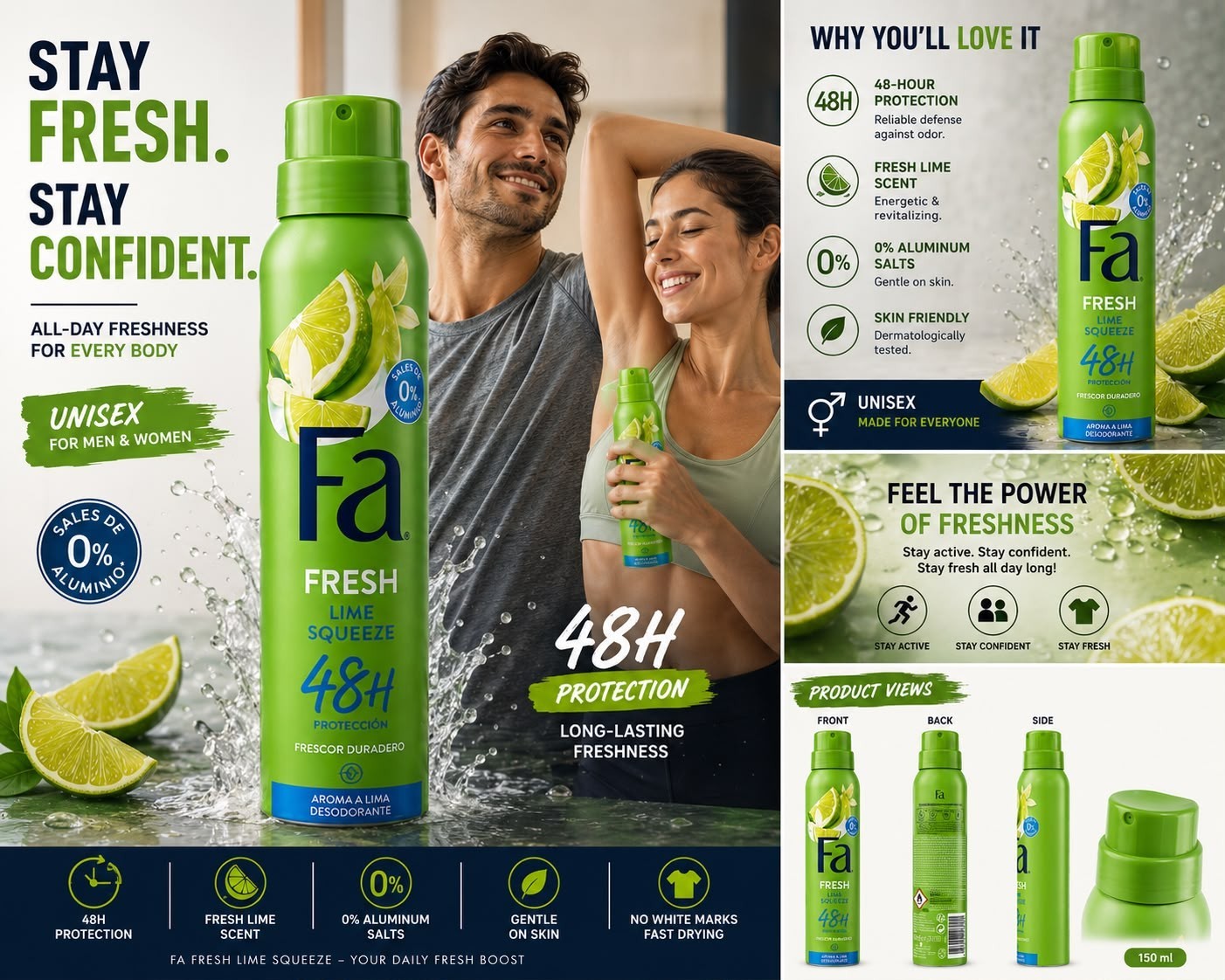 6-Pack Fa Fresh Lime Squeeze Deodorant Spray 150ml (5.07 oz)48H Fresh Protection