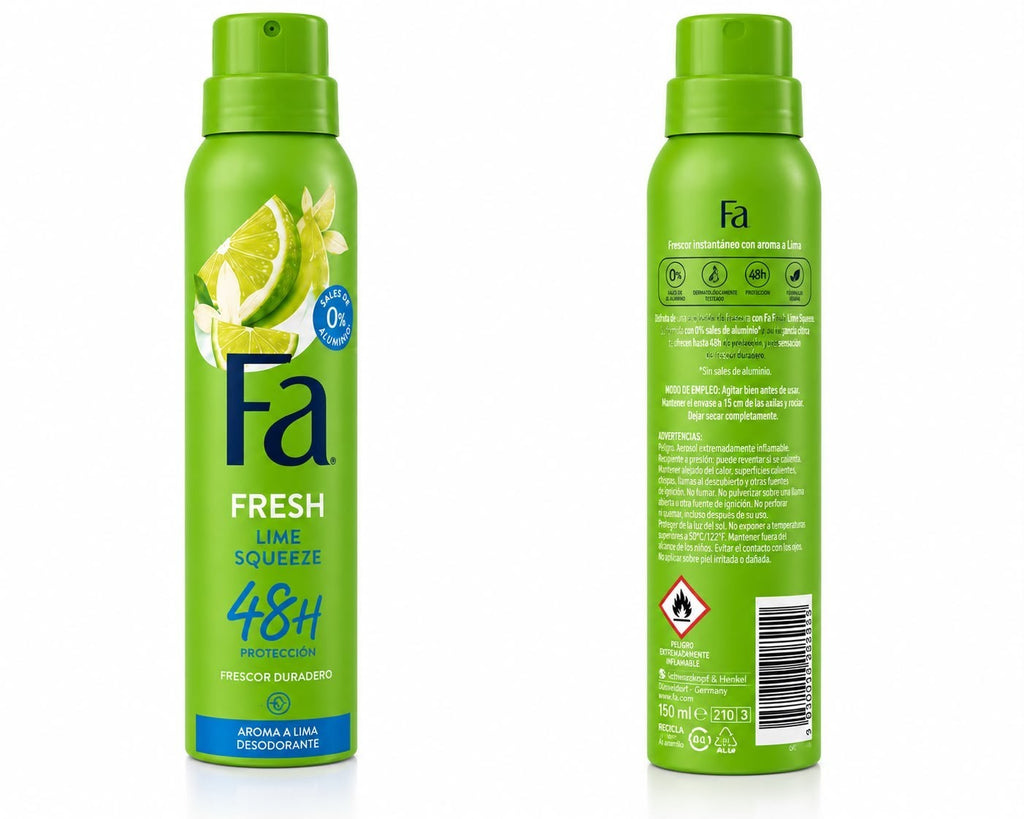 6-Pack Fa Fresh Lime Squeeze Deodorant Spray 150ml (5.07 oz)48H Fresh Protection