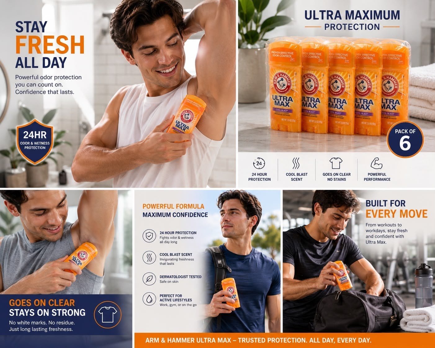 PACK OF 6 Arm & Hammer Ultra Max Antiperspirant Deodorant 2.6 oz Fresh Scent