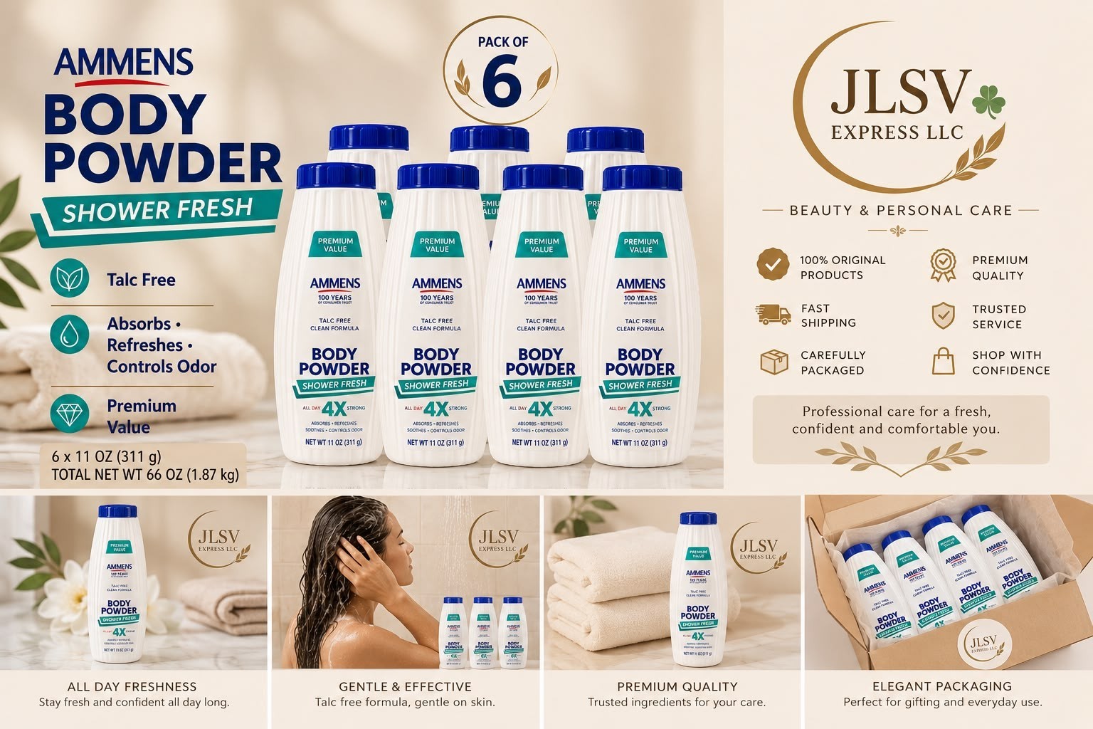 Ammens Body Powder Shower Fresh Talc-Free 11 oz Pack of 6 Value Pack