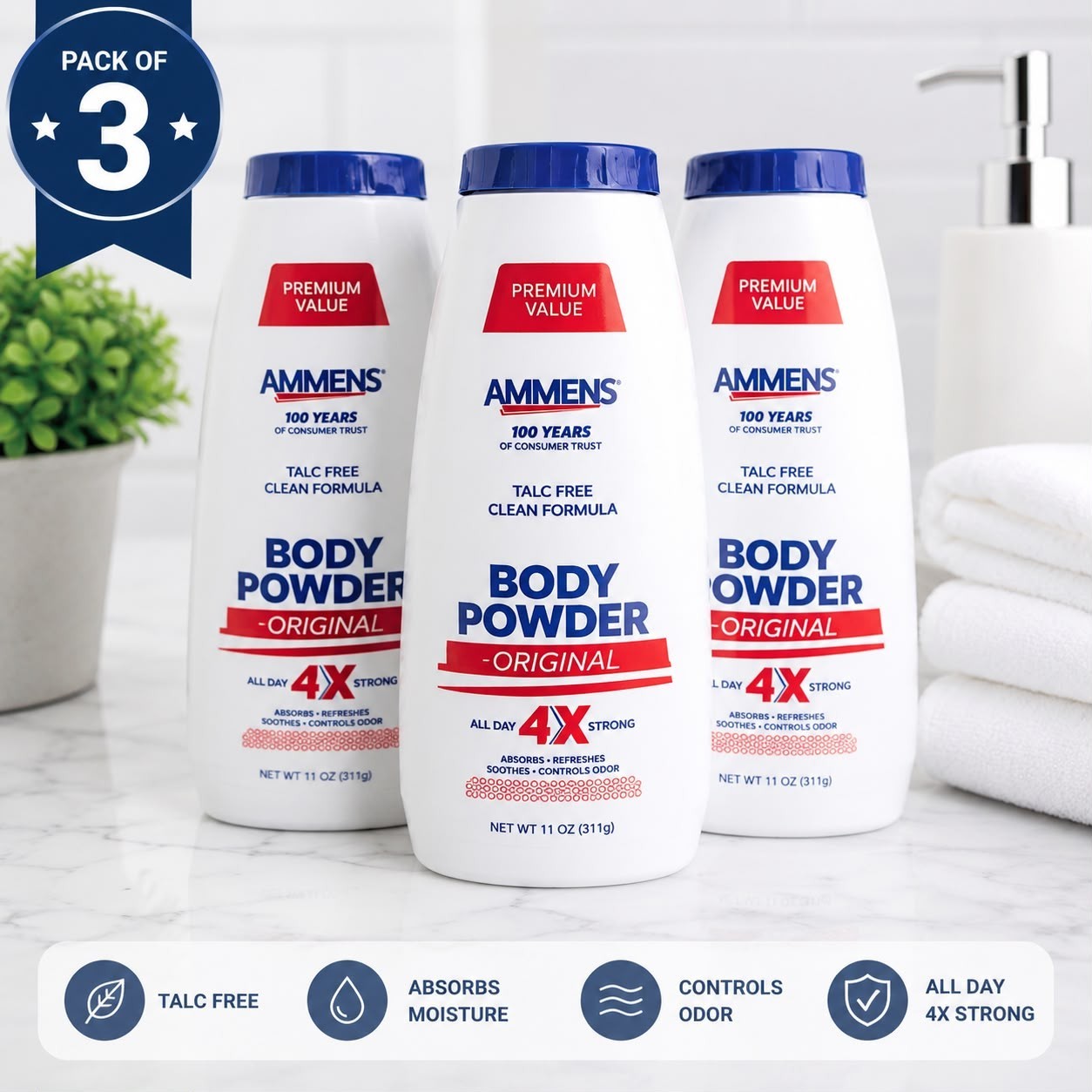 Ammens Original Talc-Free Body Powder 11 oz Pack of 3 Odor Control