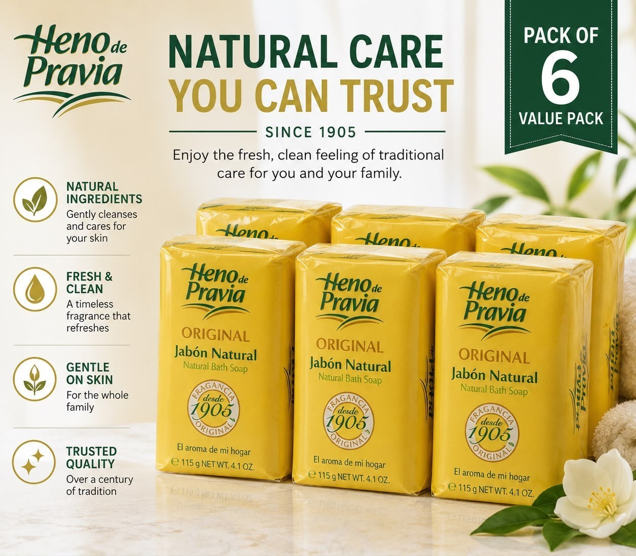 Heno de Pravia Original Natural Bar Soap 4oz Pack of 6