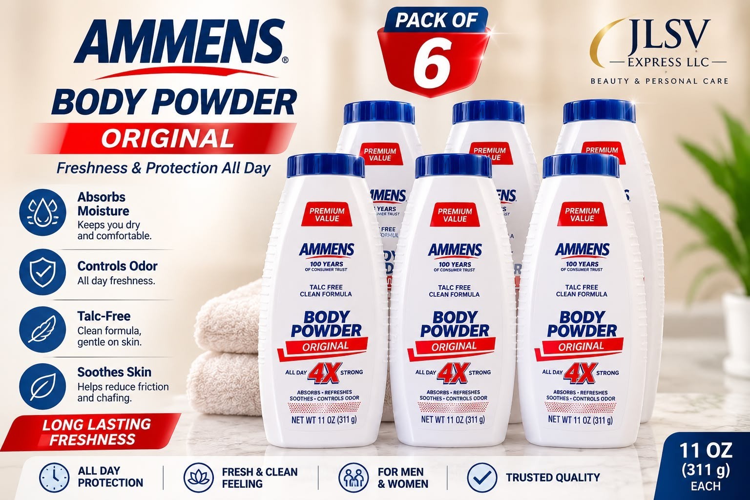 Ammens Original Body Powder Talc-Free 11 oz (311 g) – Pack of 6 Value Pack