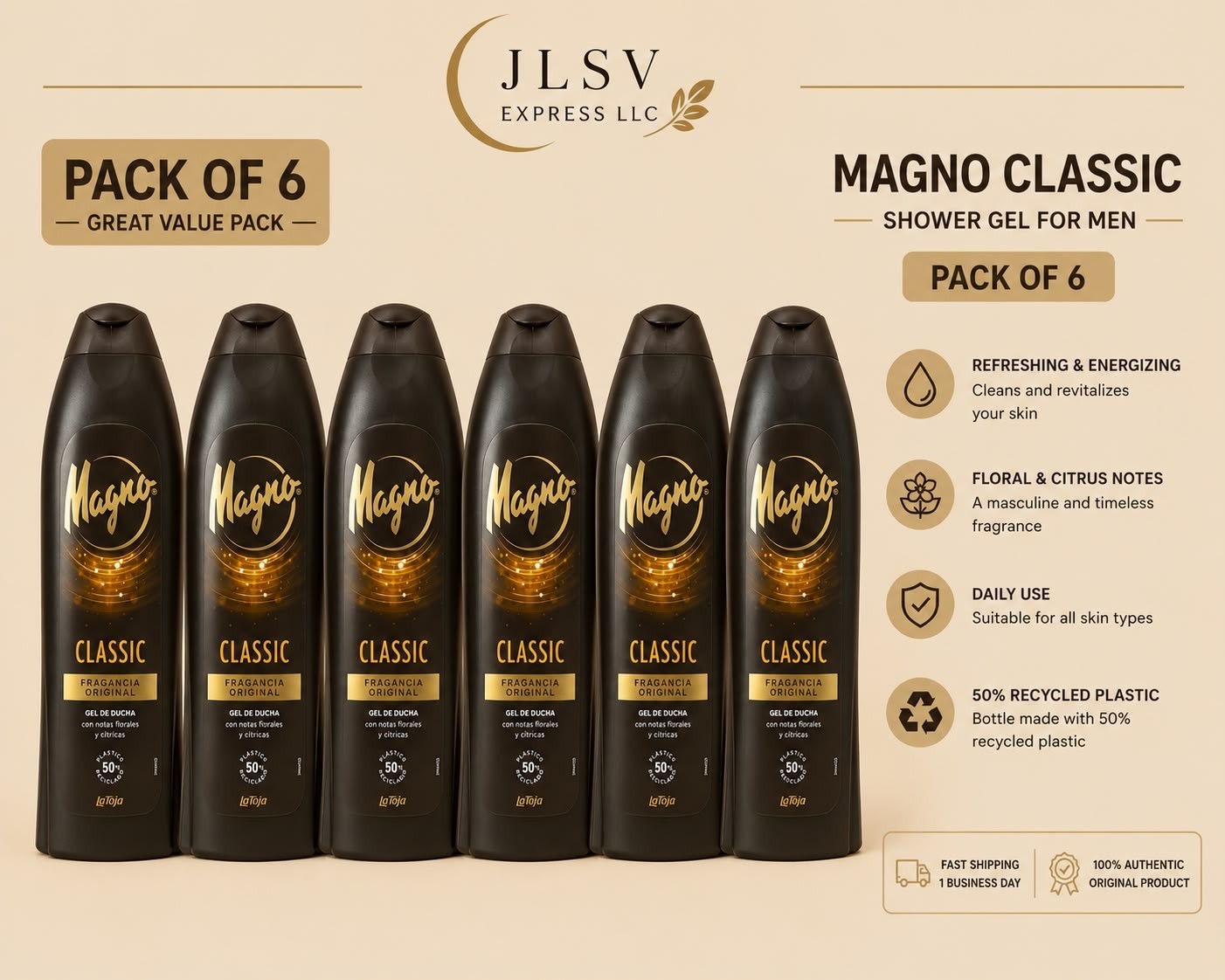 Magno Classic Shower Gel for Men Original Scent 20.3 fl oz (600) Pack of 6