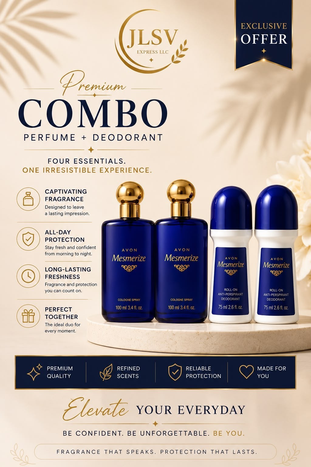 Avon Mesmerize for Him Cologne Spray 3.4 oz + Roll-On Deodorant, 4-Piece Set