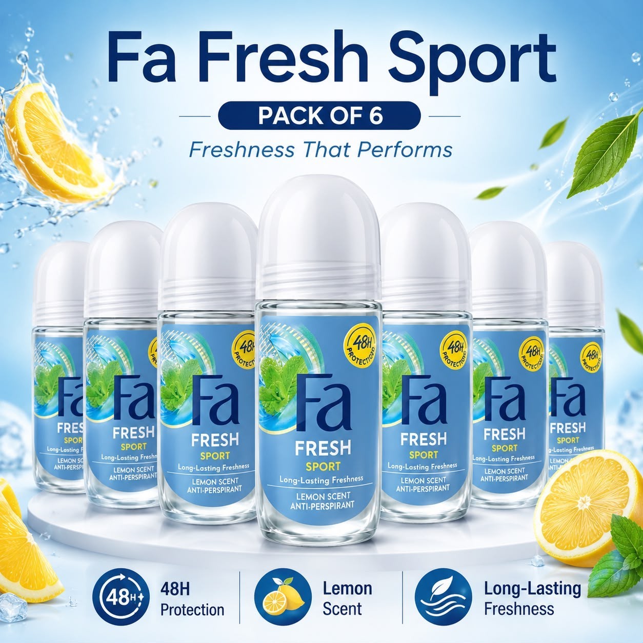 PACK OF 6 Fa Fresh Sport Roll On Antiperspirant 50mL Lemon Scent 48