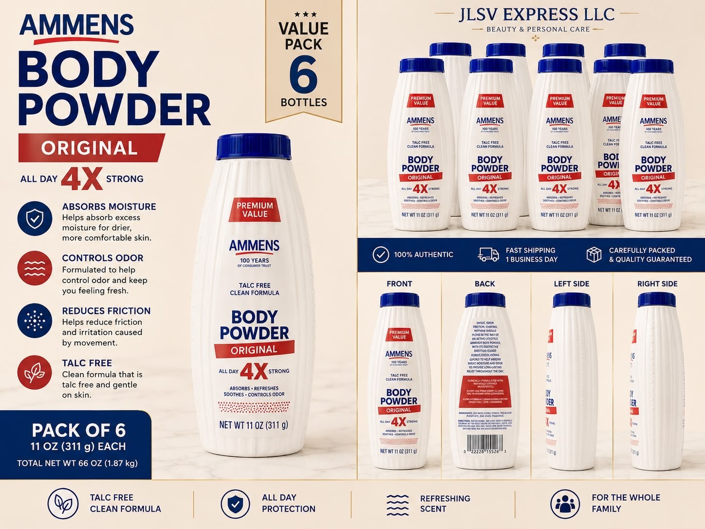 Ammens Original Body Powder Talc-Free 11 oz (311 g) – Pack of 6 Value Pack