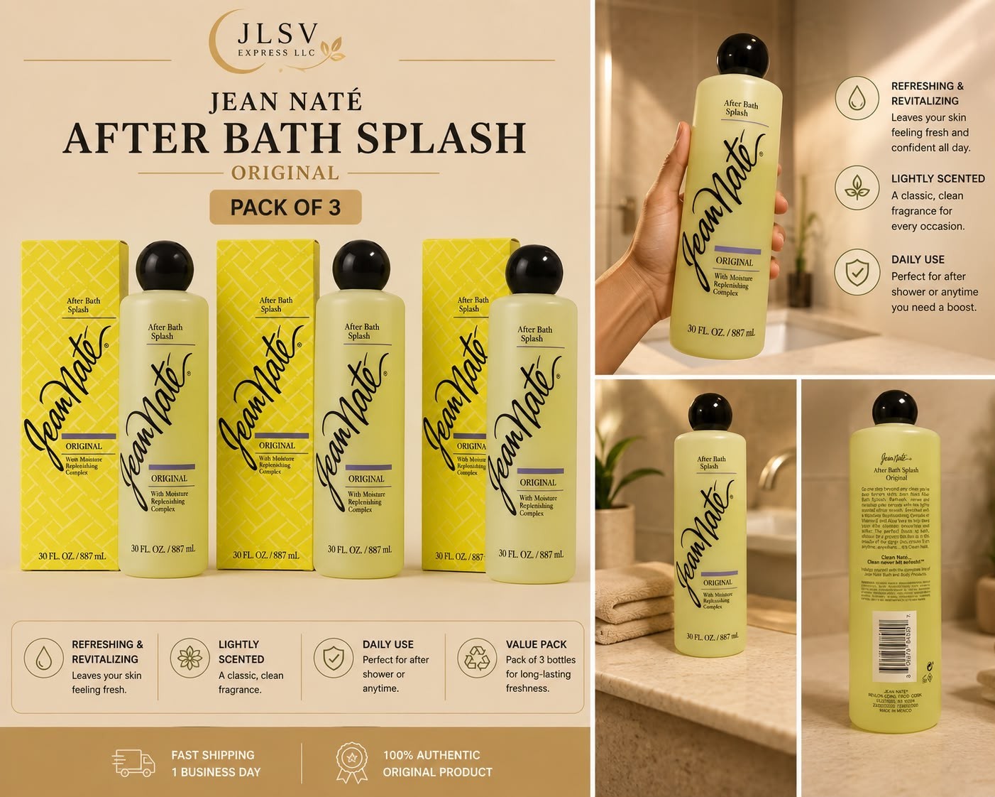 Jean Naté After Bath Splash Original 30 fl oz 887ml Pack of 3 Fresh Body Splash