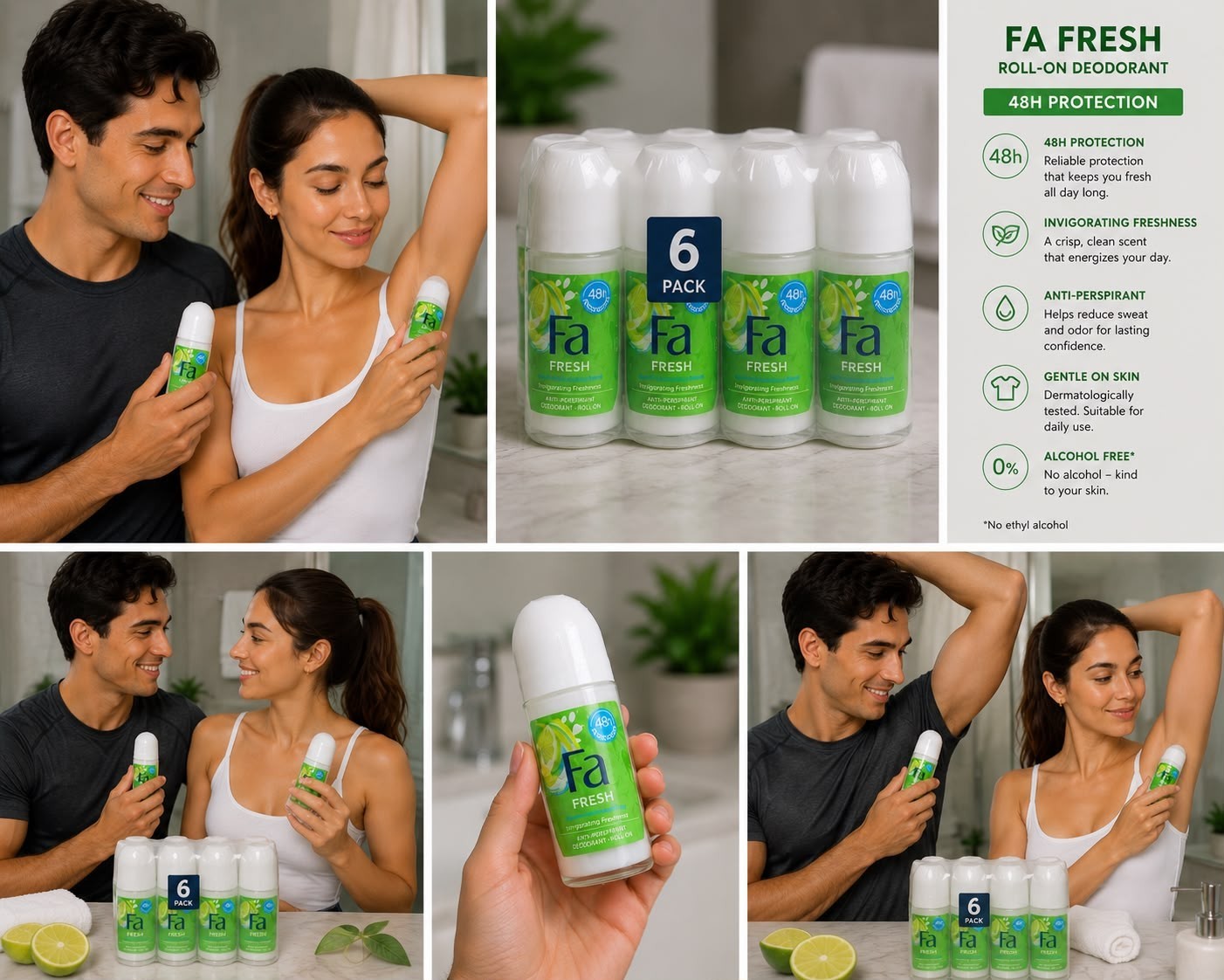 Pack of 6 A Fresh Lime Roll-On Deodorant 1.7 oz 48H Protection