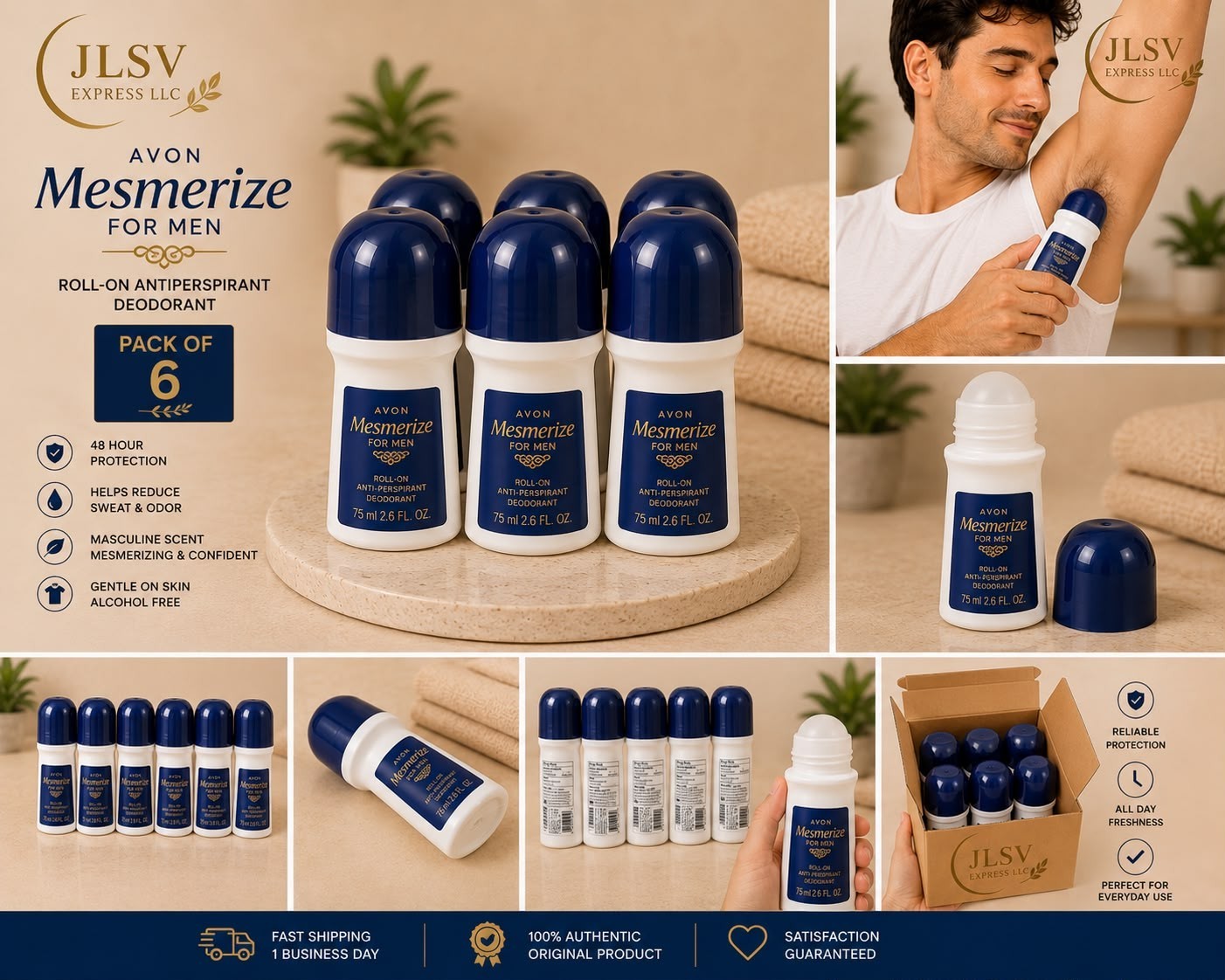 Avon Mesmerize for Men Roll-On Antiperspirant Deodorant 2.6 oz (75 mL) Pack of 6