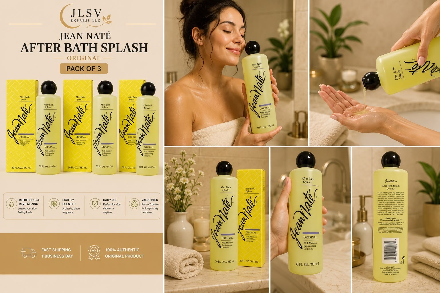 Jean Naté After Bath Splash Original 30 fl oz 887ml Pack of 3 Fresh Body Splash