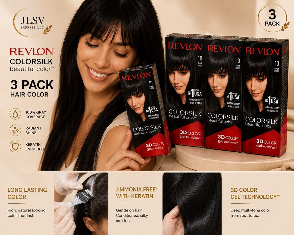 Revlon ColorSilk Hair Color 3 Pack #10 Black Permanent Hair Dye Keratin Formula