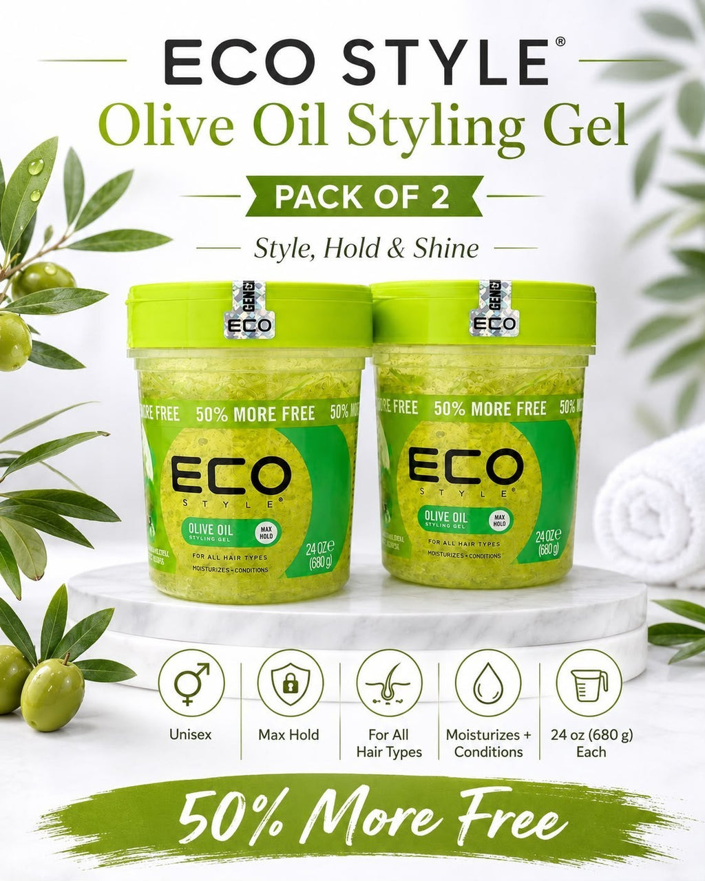 Eco Style Olive Oil Styling Gel 24 oz Pack of 2 Max Hold 50% More Free